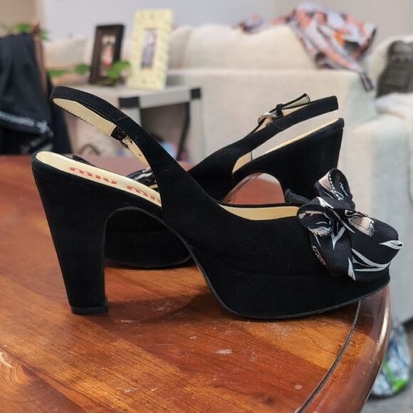 Miu Miu Black Peep Toe Sling Back Silk Bow Heels Sz 36 - Picture 7 of 16